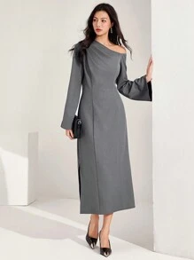 Heiryn Women Contrast Color Asymmetric Neck Long Sleeve Elegant Dress - Grey - View 4
