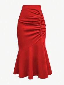 Chiquease Stylish & Elegant Solid Color Ruched Mermaid Skirt - Red - View 1