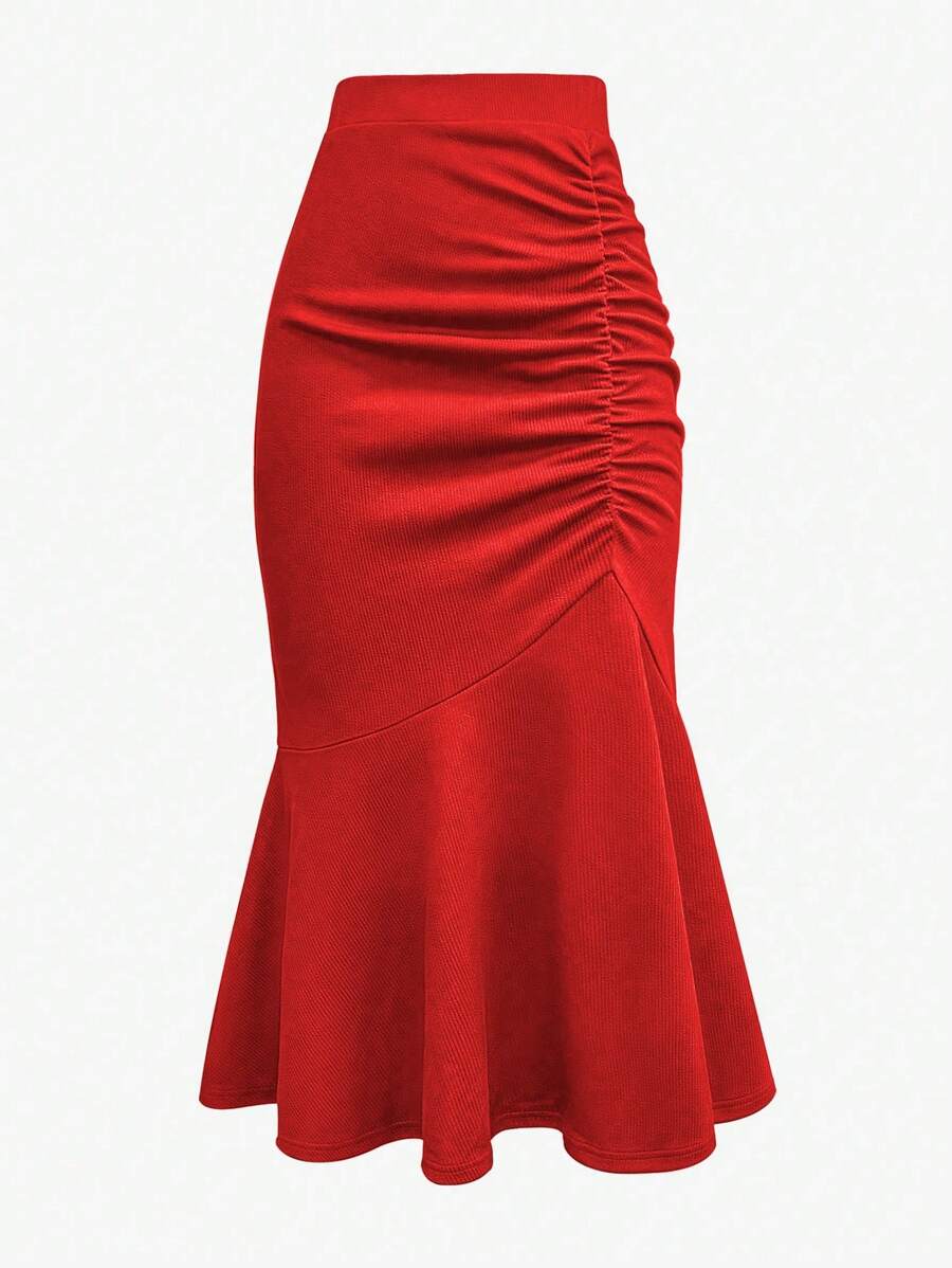 Chiquease Stylish & Elegant Solid Color Ruched Mermaid Skirt - Red - View 1