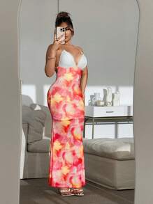 SHEIN SXY Vestido largo de mujer con estampado de teñido anudado, contraste, espalda sexy, bajo de sirena y cuello halter, vestido de verano, vestidos de verano para mujer, vestido para el Día de San Valentín