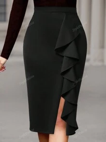 CAPRI CHIC Spring/Fall/Party/Holiday Skirt Stretch Flanged Slit Mid-Length And Wide Skirt