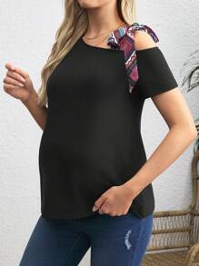 SHEIN Maternity Knot Asymmetrical Shoulder Tee - Black - View 3