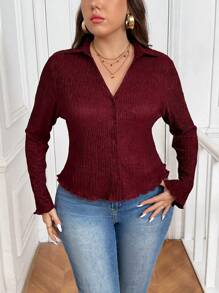 SHEIN Frenchy Plus Size Plain Texture Long Sleeve T-Shirt, Casual Autumn