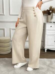 SHEIN Frenchy Women Plus Size Casual Solid Color Pants, Versatile - Apricot - View 4