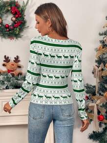 SHEIN Clasi Casual Christmas Reindeer & Snowflake Striped Print T-Shirt, Autumn/Winter Fall Cloth For Women - Green - View 2