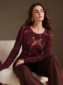 Anewsta Suéter elástico de crochet con cuello redondo transparente y diseño floral 3D, ideal para Navidad - Rojo - Ver 2