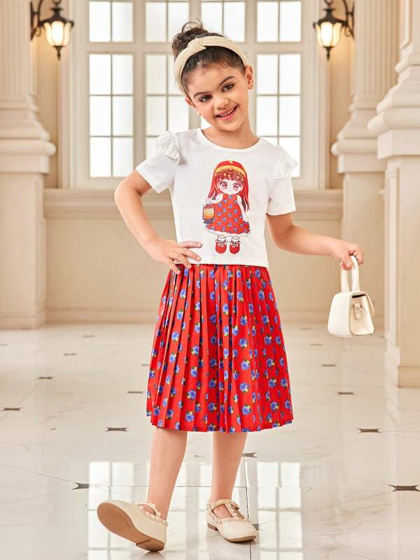2pcs/Set Young Girl Round Neck Short Sleeve Graphic Print Casual Top And Skirt