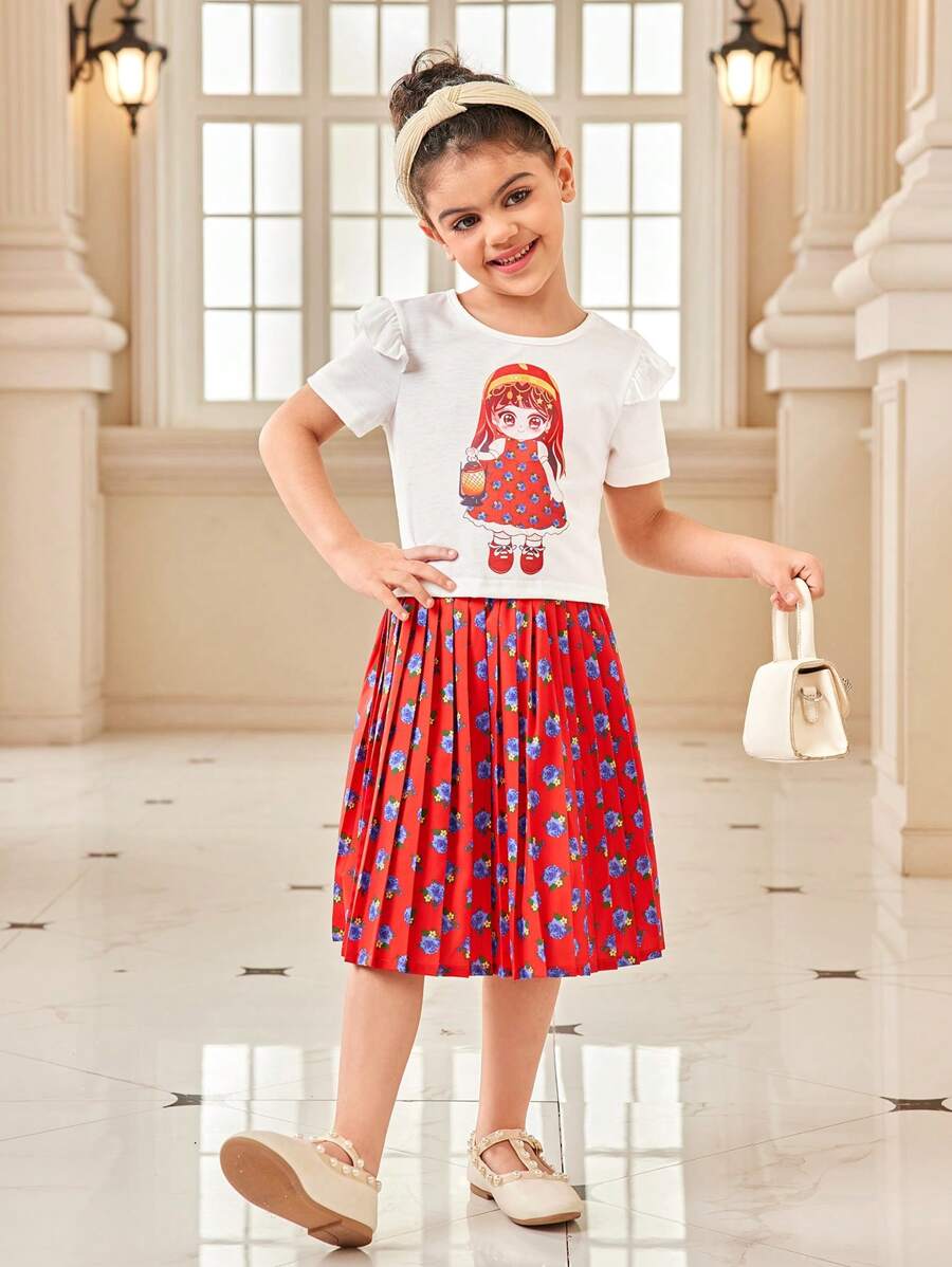 2pcs/Set Young Girl Round Neck Short Sleeve Graphic Print Casual Top And Skirt - Multicolor - View 1