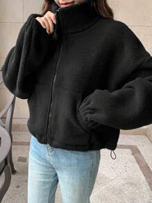 DAZY Women's Solid Color High Collar Sherpa Drop Shoulder Loose Casual Jacket - Black - View 1