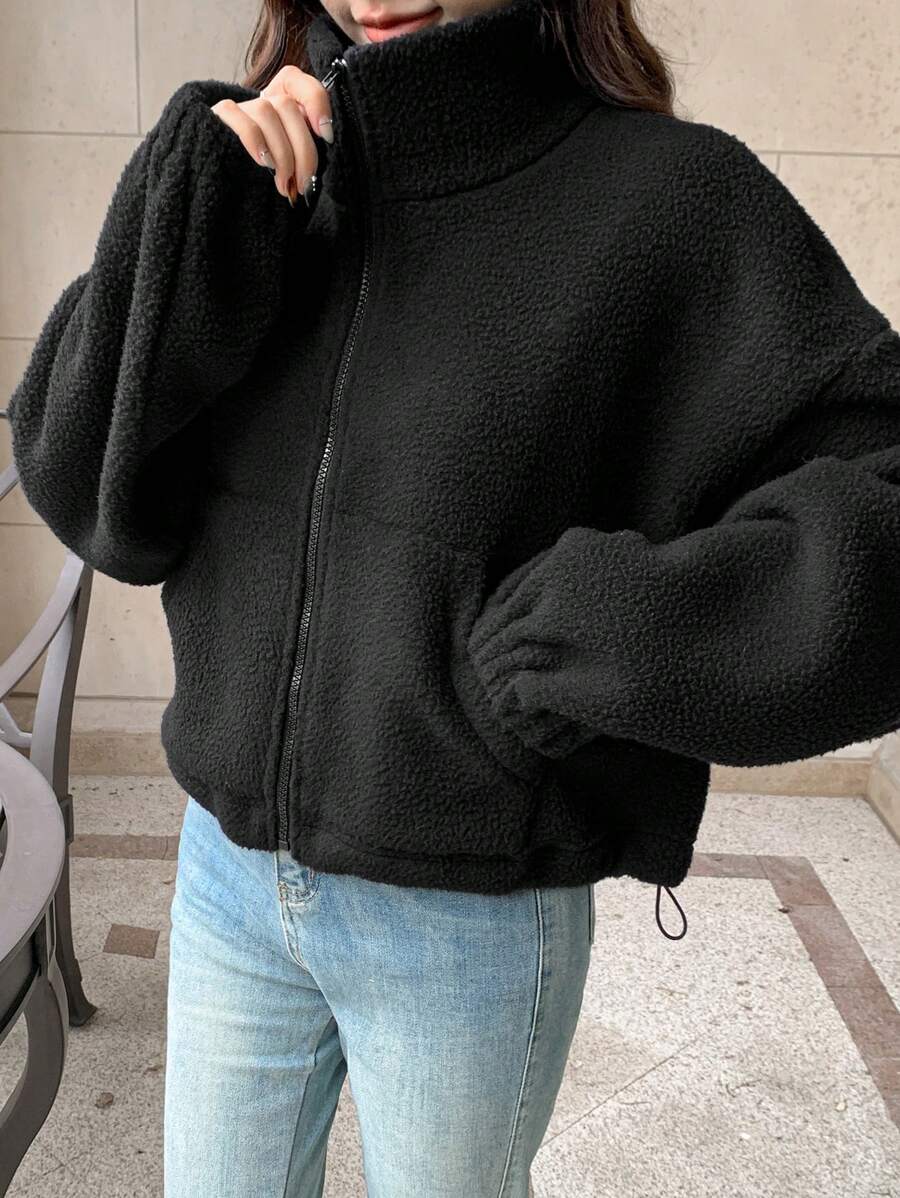 DAZY Women's Solid Color High Collar Sherpa Drop Shoulder Loose Casual Jacket - Black - View 1