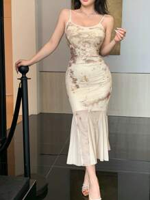 DAZY Robe en maille avec fleur incrustée sur le corps, robe mi-longue élégante en mousseline pour femme - Nude - Voir 5