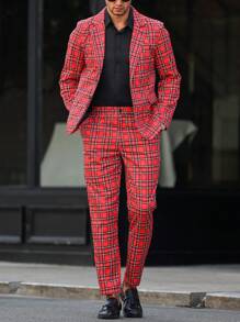 Manfinity Mode 秋冬时尚两件套男士西装套装，红色格子Lpel长袖夹克和裤子，充满圣诞气氛（不对称剪裁） - 紅色 - 查看 6