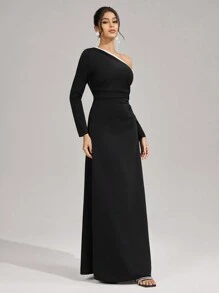 SHEIN Belle Formal Evening Gown Dress, Women's Fashion Autumn And Winter Banquet Party Socialite Elegant Daily Wear Super High Elastic Knitted Fabric Tight Waist And Hip Slimming Super Large Dress, Neckline Contrast Stitching Design Fashionable Slimming, Black Dress Formal Dinner Dress, New Year Women's Dress, Wedding Guest Dress - Black - View 7