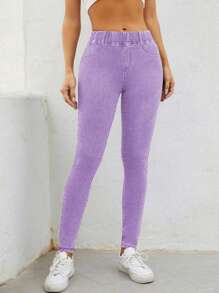 SHEIN Essnce 女式松紧腰口袋紧身休闲百搭牛仔裤 - 紫色 - 查看 4