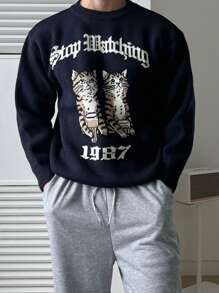 DAZY Men's Cartoon Cat Jacquard Pattern Sweater,Fall Clothes