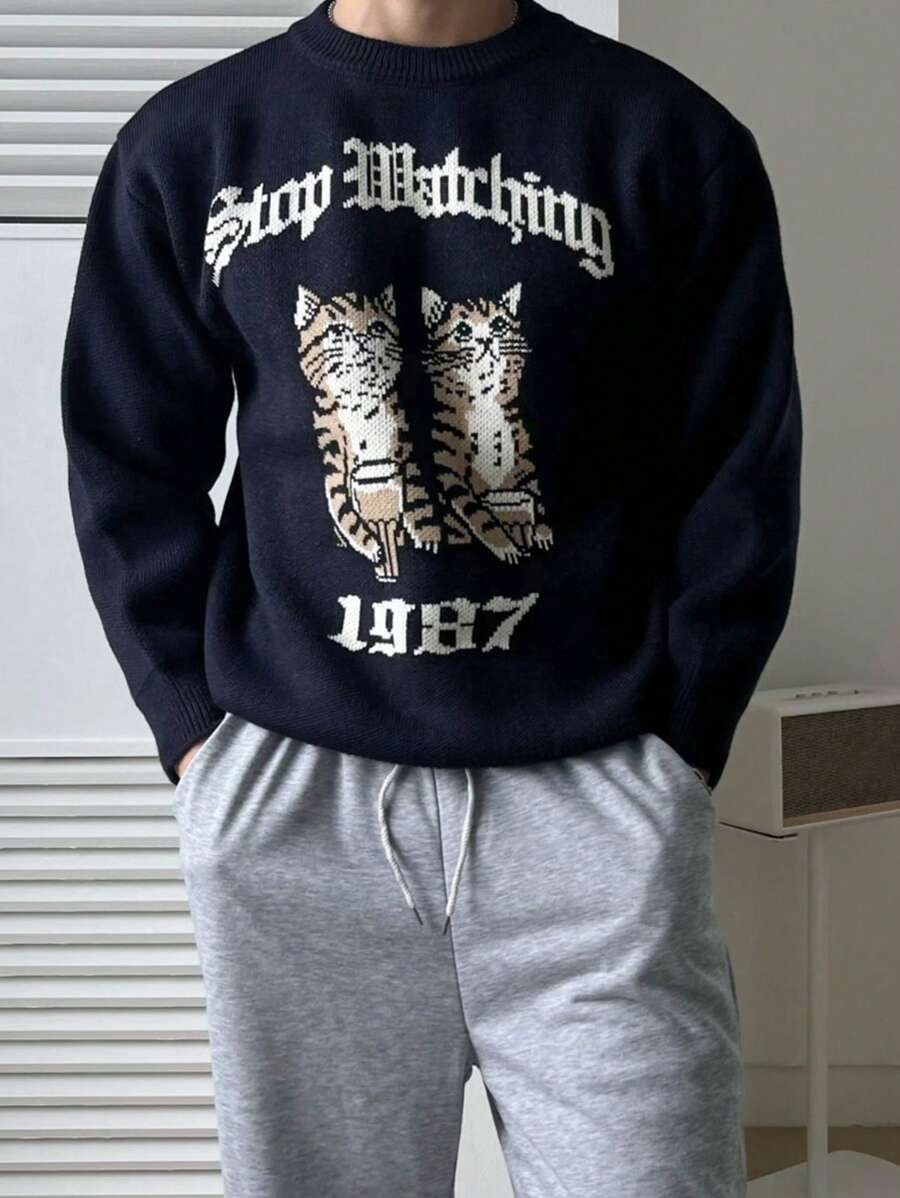 DAZY Men's Cartoon Cat Jacquard Pattern Sweater,Fall Clothes