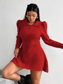 Calvaya Plus Size Knitted Turtleneck Long Sleeve Puff Sleeve Sweater Dress, Autumn/Winter - Red - View 6