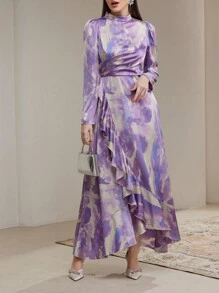 Veilorie Elegant Tie-Dye Puff Sleeve Ruffle Trim Arabic Style Dress, Autumn Modest - Multicolor - View 4