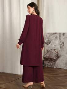Al Najma 2pcs Women Solid Color Round Neck Long Sleeve Button Design Long Top And Wide Leg Pants Set, Autumn Fall Cloth For Women - Burgundy - View 2