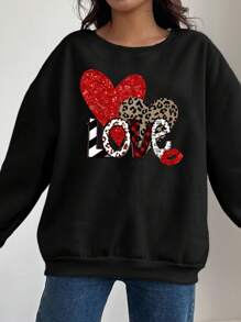 Flirla Sudadera con capucha de felpa con estampado de corazón de leopardo para el Día de San Valentín, talla grande