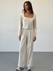 Aloruh Conjunto casual de 2 piezas de blusa de manga larga con cuello cuadrado y botones, y pantalones, para otoño - Caqui - Ver 1