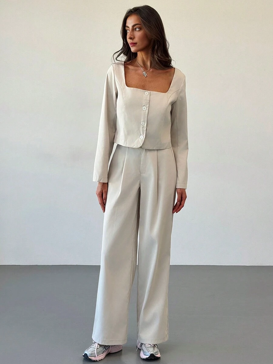 Aloruh Conjunto casual de 2 piezas de blusa de manga larga con cuello cuadrado y botones, y pantalones, para otoño - Caqui - Ver 1