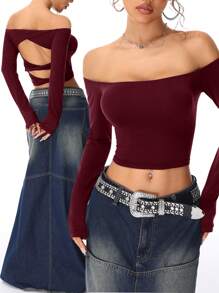 SHEIN EZwear Women's Fall/Winter Y2K Knit Lightweight Off Shoulder T Shirt - Burgundy - View 8