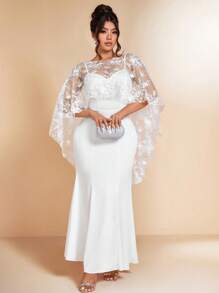 Cravure Women's Solid Color Lace Knitted Mermaid Dress, Wedding - White - View 3