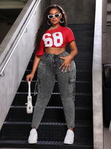 SHEIN EZwear Jeans de talla grande en negro, pantalones cargo casuales de mezclilla elástica y entallados