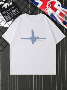 Manfinity Dauomo Camiseta sencilla de cuello redondo y manga corta con estampado para hombre, casual para uso diario