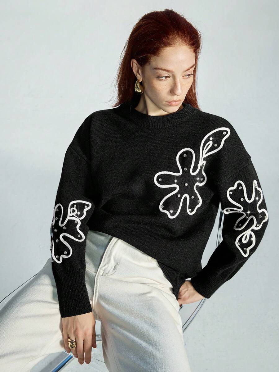 Aveloria Modichic Floral Embroidered Loose Fit Crew-Neck Sweater, Versatile Casual Plant Style Women's Warm Pullover Knit Pullover Fall Winter - Black - View 1