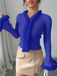 SHEIN Unity Autumn/Winter Casual Solid Color Furry Collar Patchwork Flared Sleeve Cardigan Fall Cloth For Women - Blue - View 4