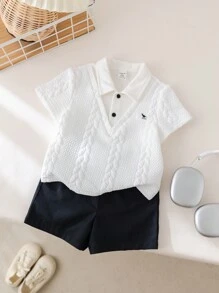SHEIN Baby Boys Spring/Summer 2pcs Cute Polo Shirt & Elastic Waist Shorts Set, Suitable For Birthday Party, Evening Event, Performance, Wedding, Baby Shower, Christening, First Birthday Celebration