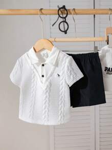 SHEIN Baby Boys Spring/Summer 2pcs Cute Polo Shirt & Elastic Waist Shorts Set, Suitable For Birthday Party, Evening Event, Performance, Wedding, Baby Shower, Christening, First Birthday Celebration