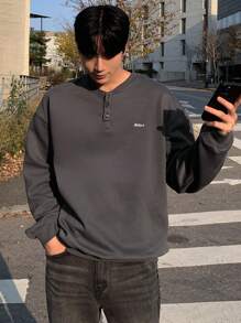 DAZY 男士半拉链字母印花长袖休闲宽松套头衫 - 灰色 - 查看 7