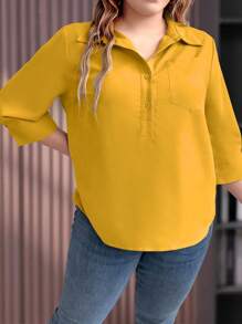 EMERY ROSE Camisa casual de talla grande para mujer con botones y mangas 3/4 sueltas y llanas - Amarillo - Ver 3
