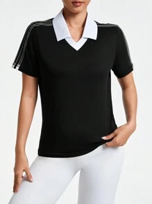 SHEIN Sports Women's Casual Polo Shirt Minimalist Color Block Design, Suitable For Outdoor Sports - Black - View 6