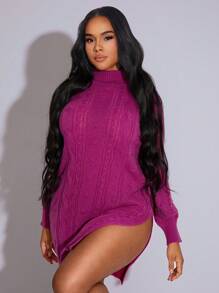 Zolique Neuer lila Pulloverkleid für Damen mit Rollkragen, Zopfmuster und Schlitz, für Herbst/Winter