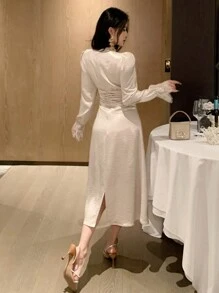 DAZY V 领蕾丝拼布泡泡袖中长连衣裙，适合女士舞会礼服，优雅、荷叶边、正式女士礼服，秋季长袖连衣裙 - 杏色 - 查看 2