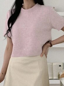 DAZY Blusa de punto ajustada de manga corta y cuello redondo para mujer, ropa casual de primavera y otoño - Rosa - Ver 6