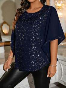 SHEIN Clasi Blouse ample en mousseline de soie à manches évasées avec empiècement et imprimé métallique. Convient aux grandes tailles. Élégante pour Noël, Halloween, automne/hiver