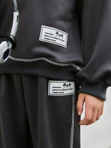 Zestaw 2 szt. w koreańskim stylu, oversize, ciemnoszary, chłopięcy, swobodny, nadruk w litery, kontrastowe wykończenie, wiosenna kurtka i spodnie