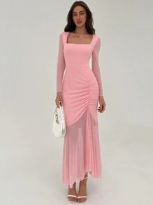 Aloruh Apricot Color Square Neck Long Sleeve Bodycon Pleated Hem Romantic Date Night Dress For Women