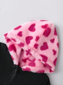 SHEIN Young Girls Fashionable Reversible Heart Pattern Plush Hooded Zipper Jacket - Hot Pink - View 4