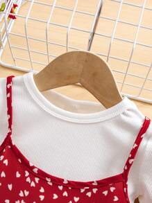 SHEIN Babygirl 可爱波尔卡圆点红色细肩带连衣裙和短袖 T 恤套装，夏季 - 紅白色 - 查看 6