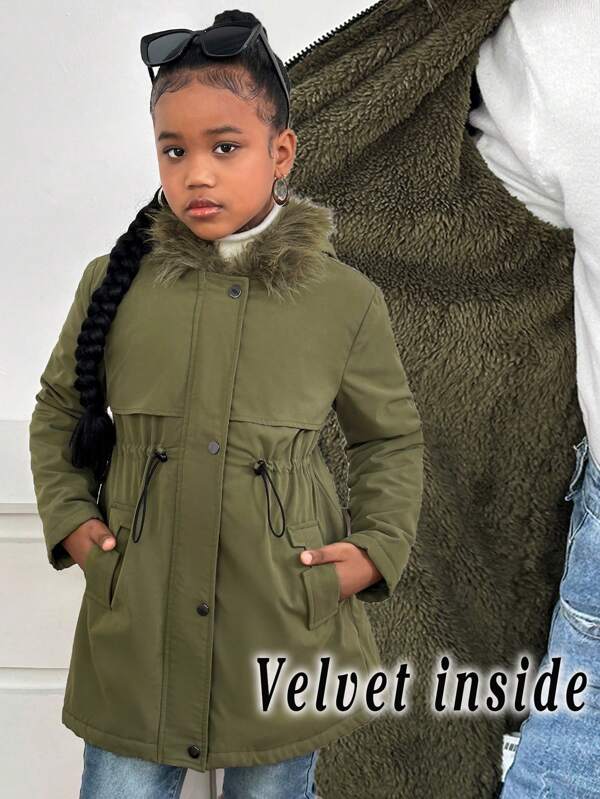 Tween Girls Casual Thermal Lined Cinched Waist Parka Jacket With Pockets And Fluffy Hood, Green, Suitable For Autumn/Winter, Back To School Season, Preppy Style, And Versatile