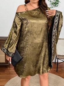 SHEIN Clasi 大码女式圣诞链环拼布耳环和优雅不对称长袖连衣裙，适合新年节日派对服装 - 金色 - 查看 5