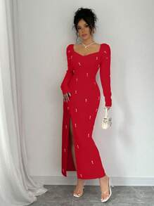 Rafferiza Sexy French High-End Beaded Slit Dress - Red - View 3