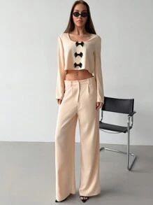 Aloruh 2 pièces Ensemble top à manches longues et pantalon long décontracté femme avec décoration de nœud, automne - Nude - Voir 5