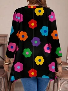 EMERY ROSE Casual Versatile Colorful Floral All-Over Print Plus Size Loose Long Sleeve T-Shirt